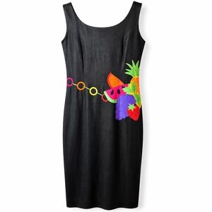 Deborah Laws Vintage Black Linen Fruit Embroidered Midi Shift Dress Womens 100%